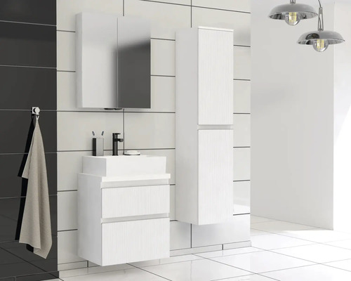 Baie cu dulap de bază pentru lavoar, dulap cu oglindă și dulap înalt