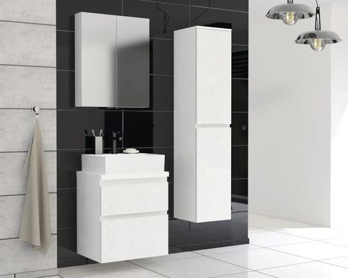 Baie cu dulap de bază pentru lavoar, dulap cu oglindă și dulap înalt, într-un design modern