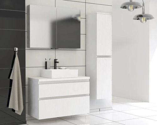 Baie cu dulap inferior pentru lavoar, dulap cu oglindă și dulap înalt