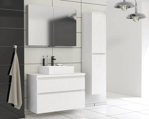 Baie cu dulap de bază pentru lavoar, dulap cu oglindă și dulap înalt