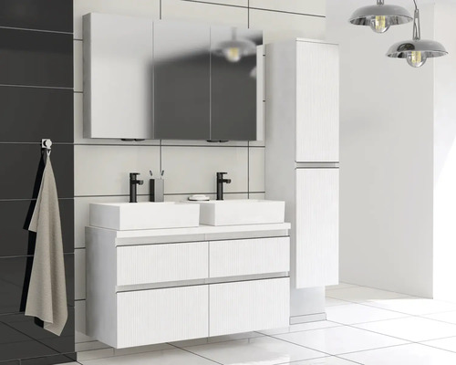 Set de baie modern cu dulap sub lavoar, două lavoare, dulap cu oglindă și dulap înalt