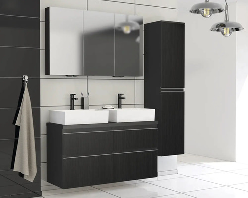 Baie cu lavoar dublu, dulap cu oglindă și dulap înalt cu design întunecat