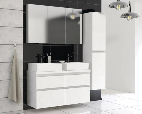 Baie luminoasă cu dulap de bază pentru lavoar, lavoar aplicat, dulap cu oglindă și dulap înalt