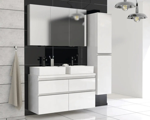 Set de baie modern cu lavoar dublu, dulap cu oglindă și dulap înalt pentru un decor elegant.