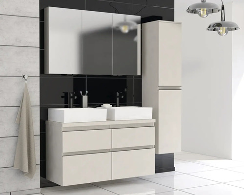 Baie cu dulap de bază pentru lavoar, două lavoare, dulap cu oglindă și dulap înalt