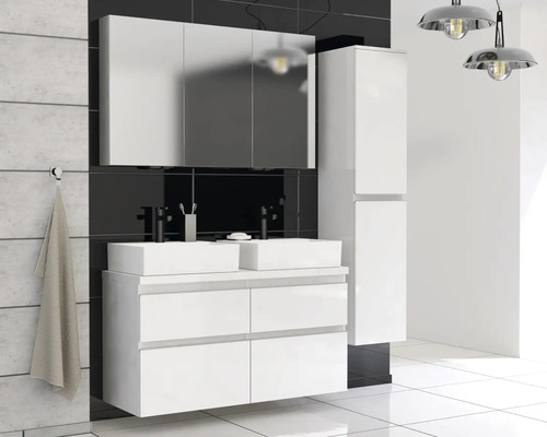 Baie cu dulap de bază pentru lavoar, două lavoare, dulap cu oglindă și dulap înalt