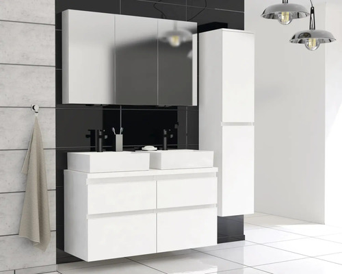 Set modern de baie cu dulap cu oglindă, dulap inferior de lavoar, două lavoare aplicate și dulap înalt