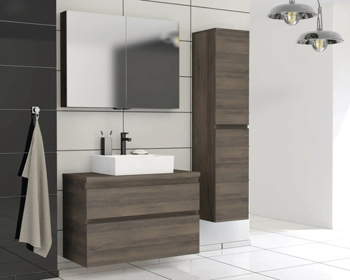 Set de baie modern cu dulap inferior pentru lavoar, lavoar aplicat, dulap cu oglindă și dulap înalt