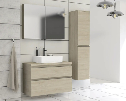 Baie cu dulap de bază pentru lavoar, dulap cu oglindă și dulap înalt