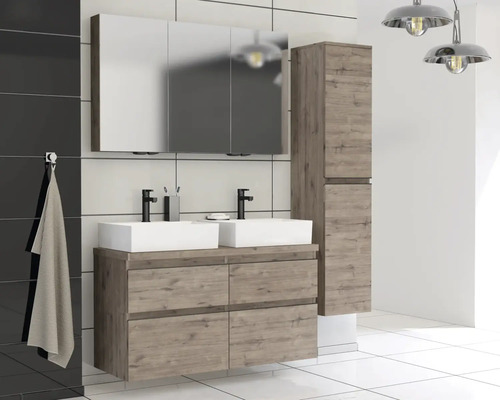 Baie cu dulap de bază pentru lavoar, dulap cu oglindă și dulap înalt