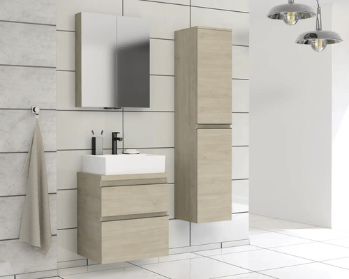 Set de baie cu dulap de lavoar, dulap cu oglindă și dulap înalt