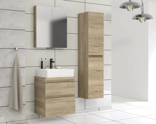 Baie cu dulap de bază pentru lavoar, dulap cu oglindă și dulap înalt