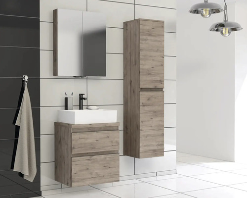 Baie cu dulap de bază pentru lavoar, dulap cu oglindă și dulap înalt cu aspect de lemn