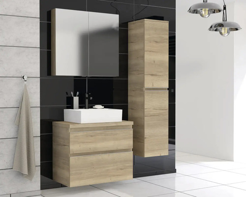 Set modern de baie cu dulap de lavoar, dulap cu oglindă și dulap înalt