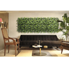 Interior decorativ cu panou de perete cu plante deasupra unei canapele negre.
