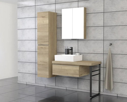 Baie cu dulap de bază pentru lavoar, lavoar, dulap cu oglindă și dulap înalt