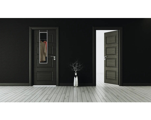 Interior cu două uși, o oglindă de agățat și o vază de flori