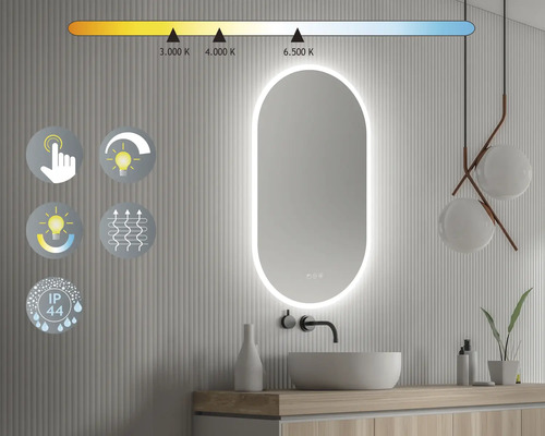 Baie cu oglindă iluminată, chiuvetă și controlul temperaturii