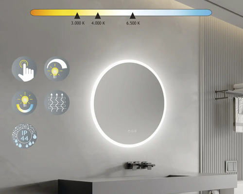 Oglindă rotundă cu iluminare LED pe un perete de baie cu chiuvetă și robinet, precum și simboluri pentru funcții.