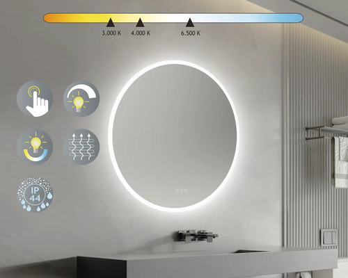 Oglindă rotundă cu iluminare LED în baie. Funcție tactilă, intensitate luminoasă reglabilă, temperatură de culoare reglabilă. IP44: Protecție împotriva stropirii cu apă din toate direcțiile.