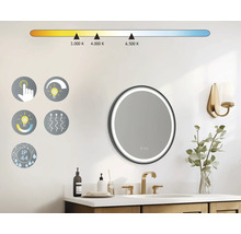 Oglindă rotundă de baie cu iluminare LED, funcție tactilă, funcție de reglare a intensității luminoase, funcție de încălzire și clasă de protecție IP44 într-o baie