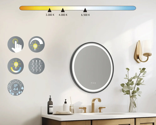 Oglindă rotundă de baie cu iluminare LED, funcție tactilă, funcție de reglare a intensității luminoase, funcție de încălzire și clasă de protecție IP44 într-o baie