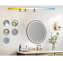 Baie cu oglindă rotundă, control al temperaturii, senzor tactil, funcție de reglare a intensității luminoase, funcție anti-aburire și clasă de protecție IP44.