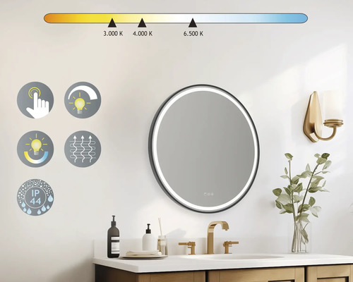 Baie cu oglindă rotundă, control al temperaturii, senzor tactil, funcție de reglare a intensității luminoase, funcție anti-aburire și clasă de protecție IP44.