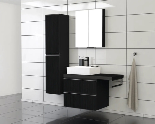 Set modern de baie cu lavoar, dulap cu oglindă și dulap înalt