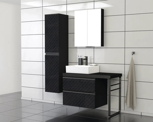 Baie cu dulap de bază pentru lavoar, lavoar, dulap cu oglindă și dulap înalt