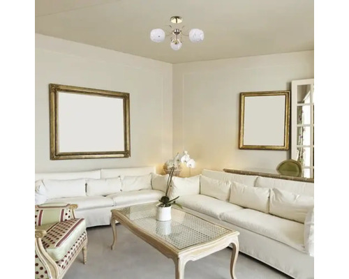 Cameră de zi cu plafonieră, canapea, masă și rame foto