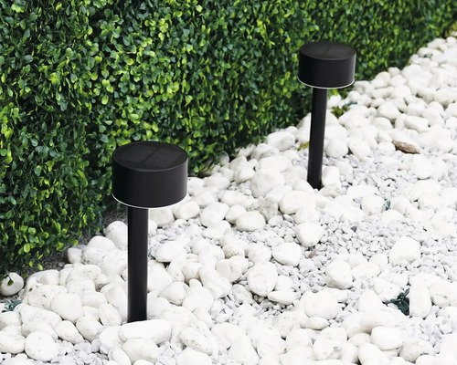 Două lămpi solare negre în grădină între pietre albe și un gard viu verde