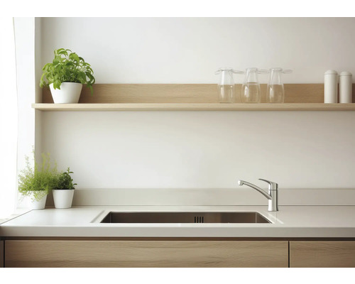 Chiuvetă de bucătărie cu robinet, blat, raft, plante și pahare
