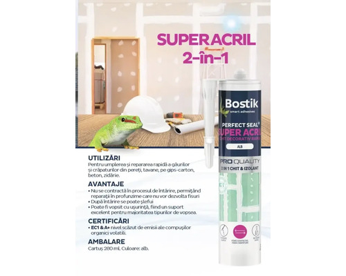 Cartuș etanșant Bostik Superacryl 2 în 1 pentru rosturi și fisuri în pereți, tavane, gips-carton, beton și zidărie