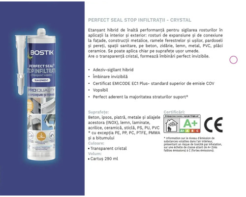 Etanșant hibrid Bostik Perfect Seal Stop Infiltrati, potrivit pentru aplicații interioare și exterioare, cartuș de 290 mililitri