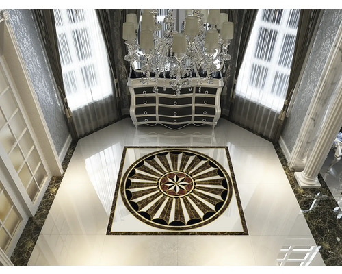 Interior elegant cu model decorativ pe podea, comodă și candelabru