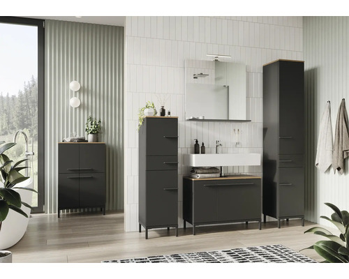 Baie modernă cu lavoar, dulap cu oglindă și mobilier de baie în antracit