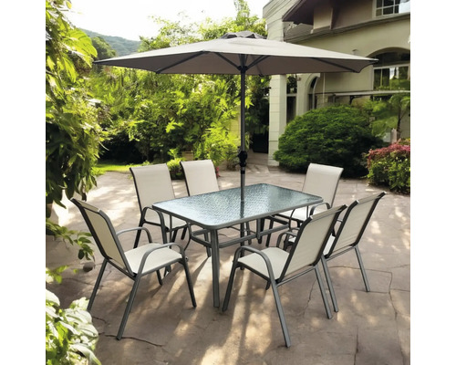 Set mobilier de grădină cu masă dreptunghiulară, șase scaune și umbrelă de soare