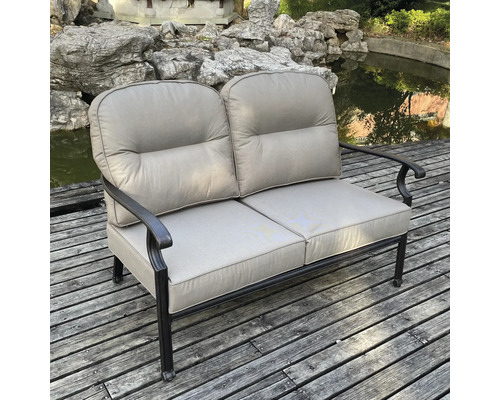 Bancă de grădină cu două locuri, cu cadru metalic și perne tapițate