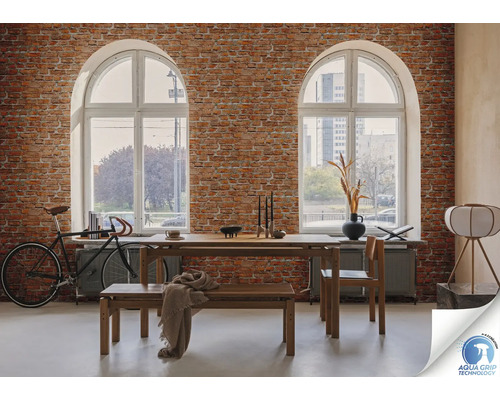 Cameră de zi cu perete de cărămidă, set de masă, bicicletă și două ferestre arcuite