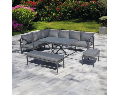 Set de mobilier de grădină cu canapea de colț, masă, bancă și taburet în grădină