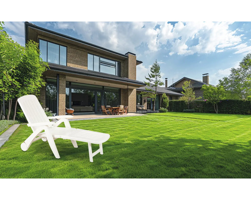 Vedere spre grădină cu casă și șezlong de grădină