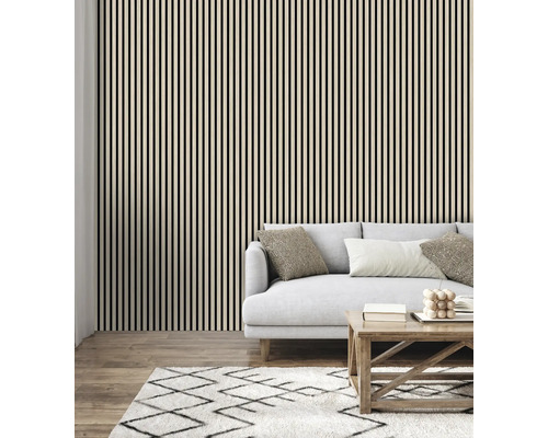 Cameră de zi cu perete lamelar, canapea și covor