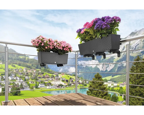 Scenă de balcon cu două jardiniere plantate agățate de o balustradă