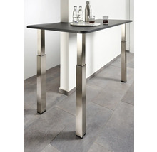 Masa înaltă cu blat de masă închis la culoare și patru picioare argintii