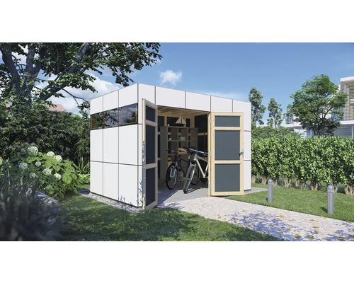 Cabină de grădină modernă cu uși deschise, biciclete și rafturi în interior.