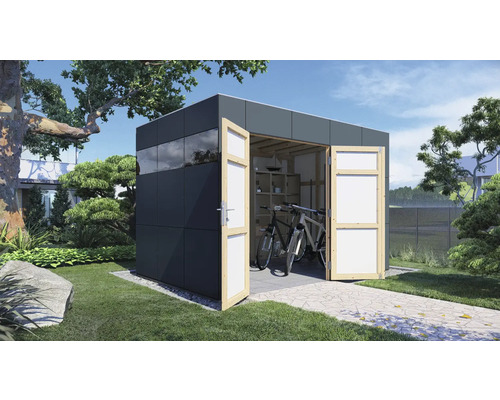 Cabină de grădină cu uși deschise, cu biciclete și rafturi în interior
