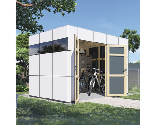Cabină de grădină modernă cu biciclete și rafturi