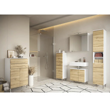 Baie cu cabină de duș și mobilier de baie cu aspect de lemn
