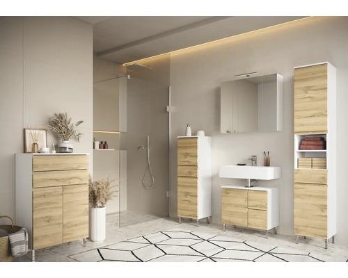 Baie cu cabină de duș și mobilier de baie cu aspect de lemn